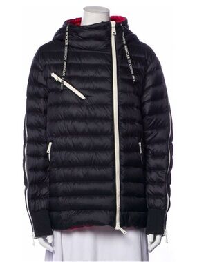 Moncler Black Quilted Hooded Down Puffer with Red Lining